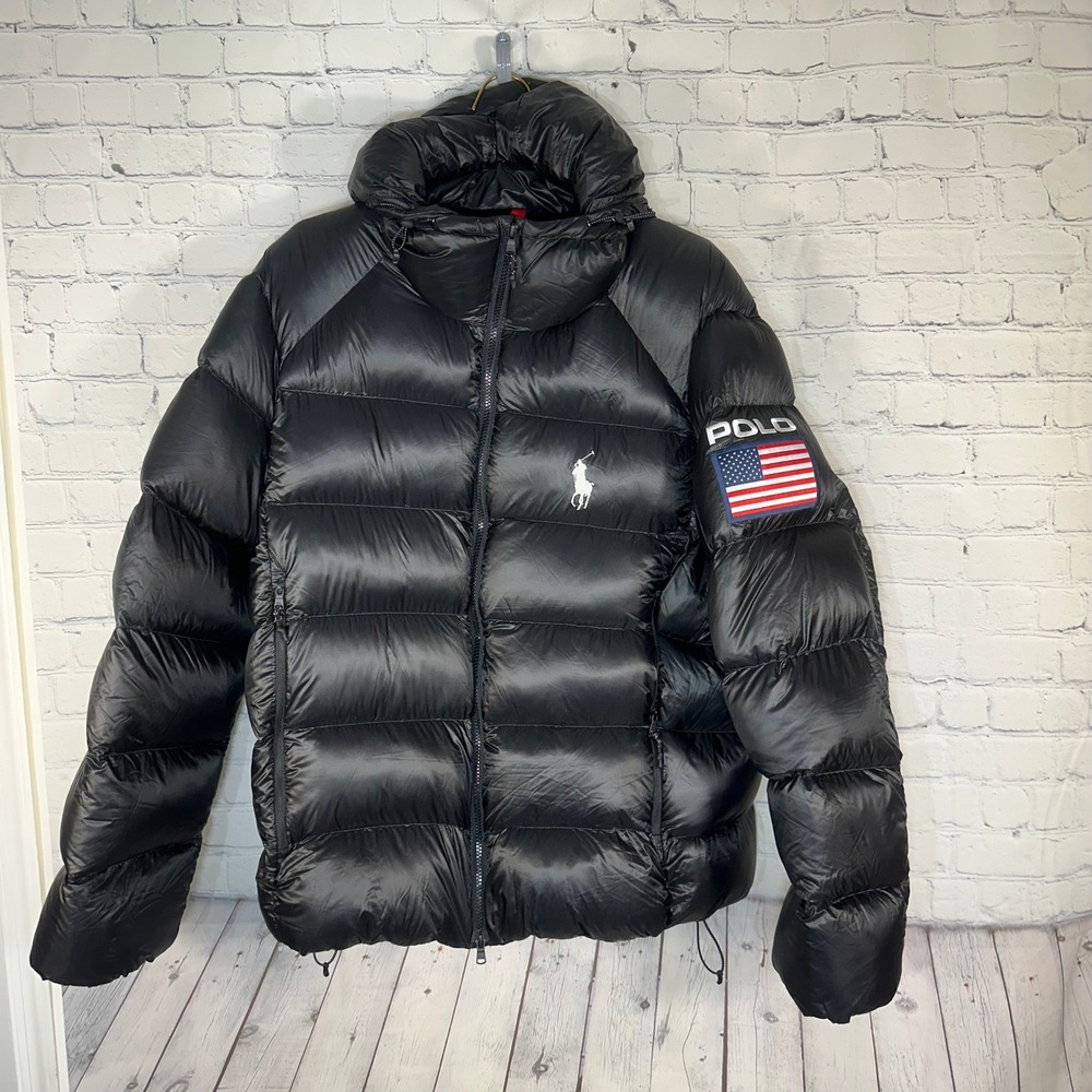 Polo Ralph Lauren USA Down Puffer Jacket Black Hooded Flag Patch Mens Large